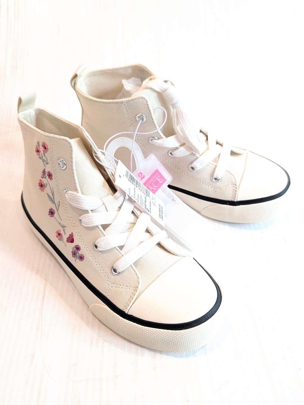 CHILDREN'S PLACE Kids High-Top Sneakers Cream with Pink Embroidered Flowers Sz 2